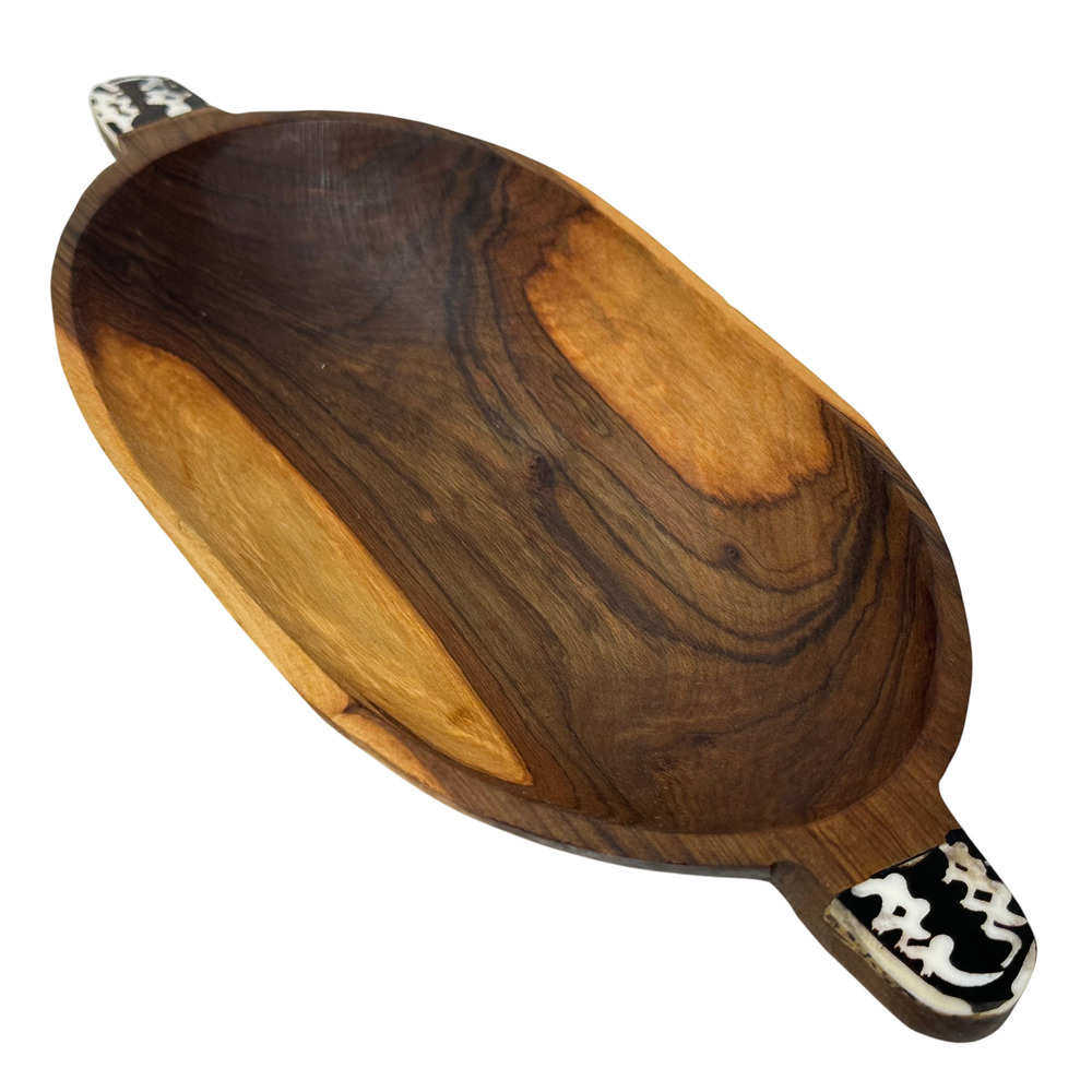 Hand Carved Wooden Oval Bowl 11" Trinket Dish Batik Inlay MCM Eclectic Rustic